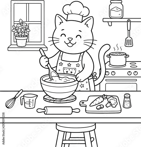 A happy cartoon cat wearing a chef hat and apron stands in a cozy kitchen mixing ingredients in a bowl for a delicious home cooked meal.
