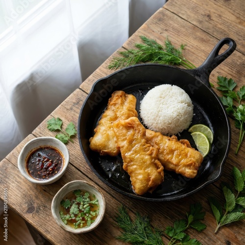 Authentic Crispy Battered Fish Fillets with Steamed Rice and Lime in Cast Iron Skillet on Rustic Wood Table for Food Menu and Culinary Blog