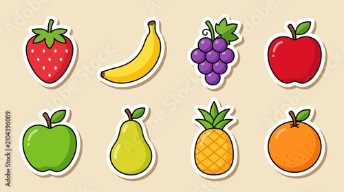 Flat vector fruit sticker set with strawberry, banana, grape, apple, pear, pineapple, and orange