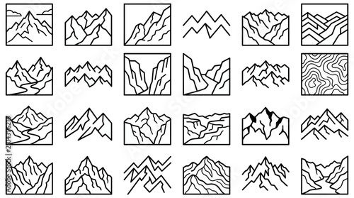 Abstract geometric mountain range and peak line icons.