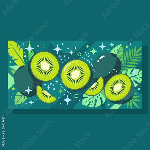 Flat vector illustration of fresh kiwi fruit with tropical leaves on dark teal background