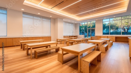 A bright, modern room featuring wooden tables and benches with ample windows for natural light