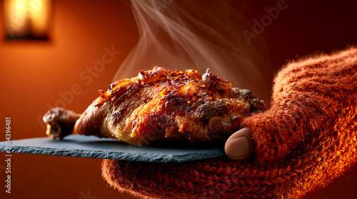 Knuspriges gegrilltes Hähnchenschlegel dampft auf dunklem Teller mit orangefarbenem Strickhandschuh