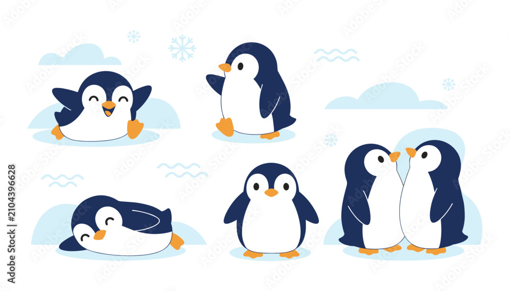 Fototapeta premium Collection of cute cartoon penguins in various poses like walking sliding standing and kissing on a winter ice shelf.