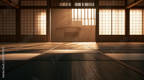Traditional Japanese dojo with katana displayed on a stand in warm sunlight