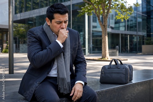 Sick businessman in a suit coughing while sitting on a bench in the city business district