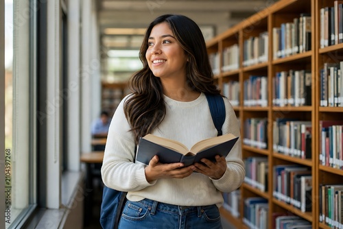 Smiling female student holding open book in library with bookshelves in the background