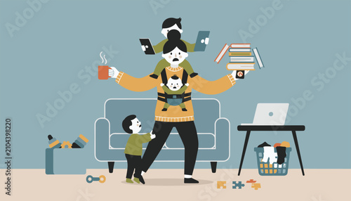 Stressed mother multitasking in a messy living room with three children while holding coffee a stack of books and a baby.