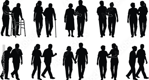 Caregiver helping elderly people walking set of silhouettes