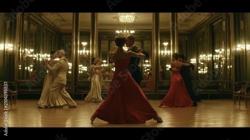 Couples gracefully dance the waltz in a grand ballroom with ornate mirrors and chandeliers