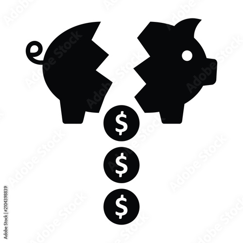 Foto Broken piggy bank with dollar coins falling out, symbolizing financial loss, ban