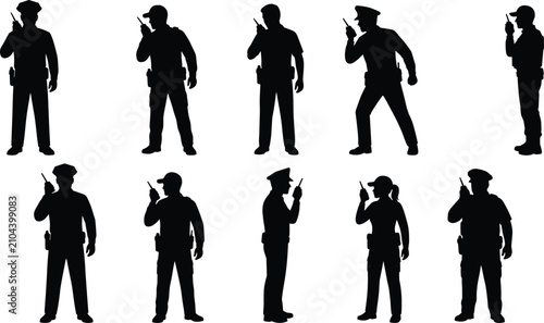 Bild auf Leinwand Black silhouettes of police officers using radio walkie talkies