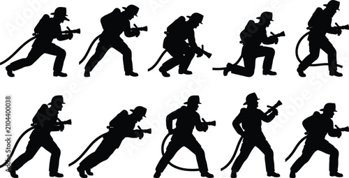 Black silhouettes of firefighters holding water hoses