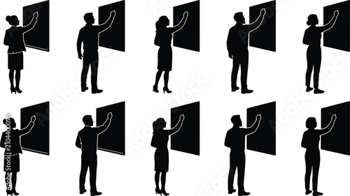 Silhouettes of business people writing on a black board