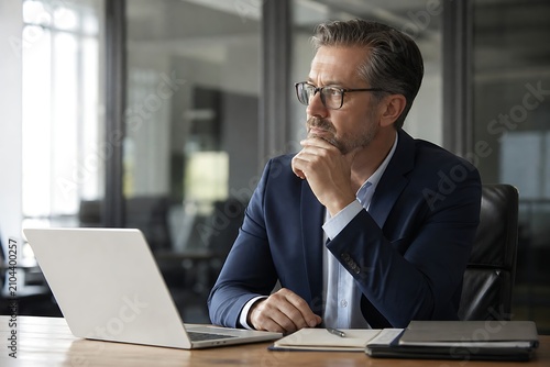 Thoughtful mature businessman sitting at desk with laptop looking away in modern office