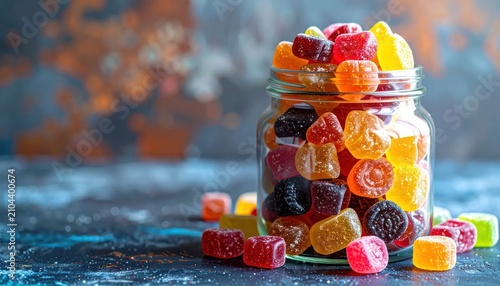 Assorted sugar coated jelly candies in transparent jar