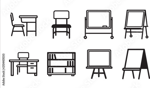 Flat line icons of school furniture and teaching aids set Vector