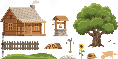 Foto Rustic Wooden Log Cabin Farmhouse Vector Set Featuring Water Well, Oak Tree, Fen