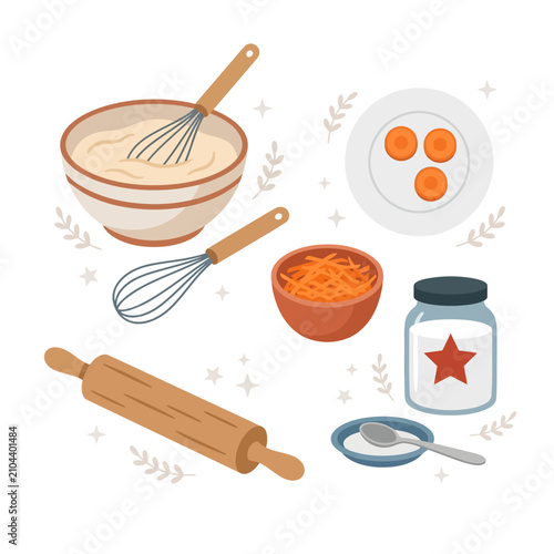 Mixing bowl with whisk and fresh carrots and cinnamon sticks