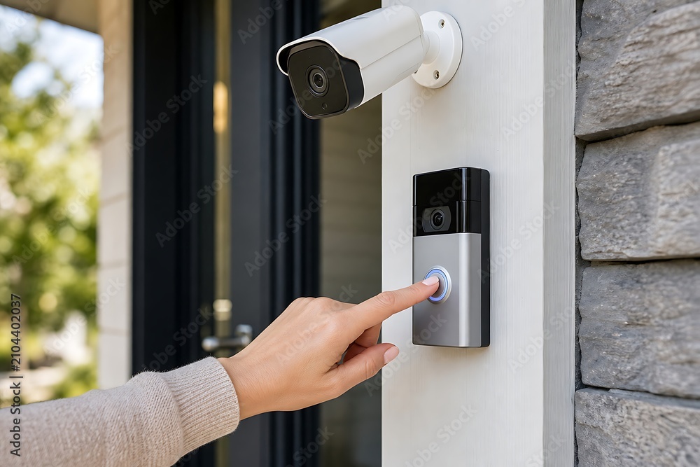 Naklejka premium Close-up of a person pressing the button on a modern smart doorbell with security camera.