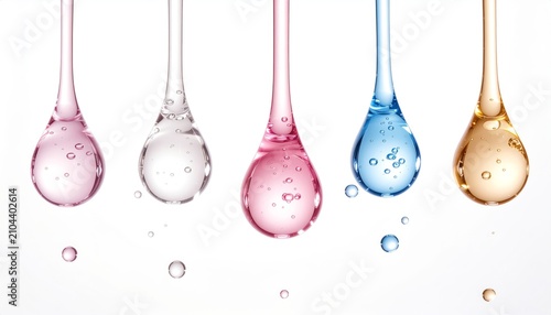 Five colorful transparent water droplets hanging in a row 一列に美しく並んでぶら下がる5つのカラフルな透明の水滴のイラスト素材