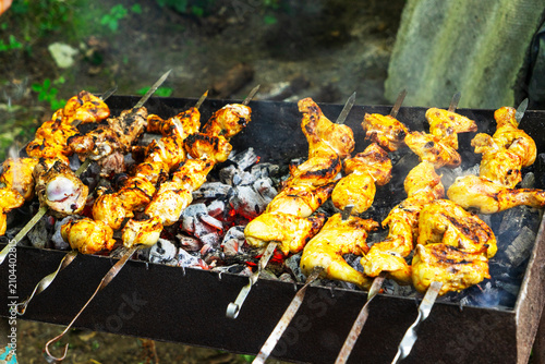 Shish kebab made from marinated pork, lamb, chicken, and fish is cooked over coals in a metal grill. Juicy pieces of meat on skewers and in a grill are covered with fragrant smoke, creating an