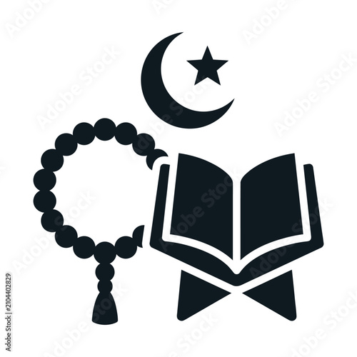 Obraz na plátne Islamic religious icons set, holy Quran book with prayer beads, crescent moon an