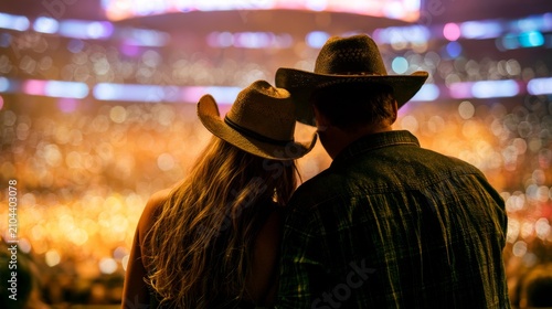 Couple in cowboy hats watching a concert with bokeh lights in the background