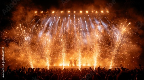 Spectacular concert stage with fireworks and cheering crowd celebrating a live performance