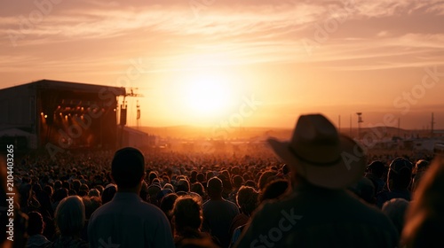Massive crowd watches a concert on stage during a vibrant sunset