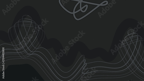 Abstract elegant dark background featuring sweeping grey wireframe waves and thick fluid charcoal silhouettes on a black canvas