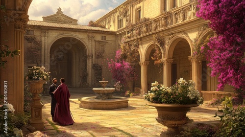 Two men converse in a sunlit Italianate courtyard with flowering plants and a fountain.