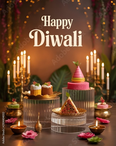 Premium Happy Diwali Sweets Showcase Featuring Elegant Festive Desserts and Traditional Oil Lamps for Celebration