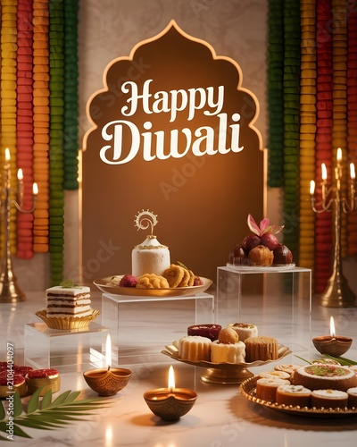 Elegant Luxury Diwali Festival Celebration Featuring Traditional Indian Sweets and Radiant Decorative Oil Lamps for a Festive Atmosphere