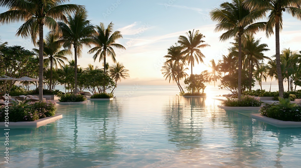 Fototapeta premium serene tropical resort pool overlooking ocean at sunrise