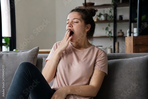 Tired young woman yawning and feeling sleepy while sitting on a comfortable sofa at home