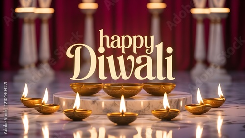 A luxurious commercial photography scene featuring illuminated oil lamps arranged on a marble surface celebrating the festive spirit of Diwali