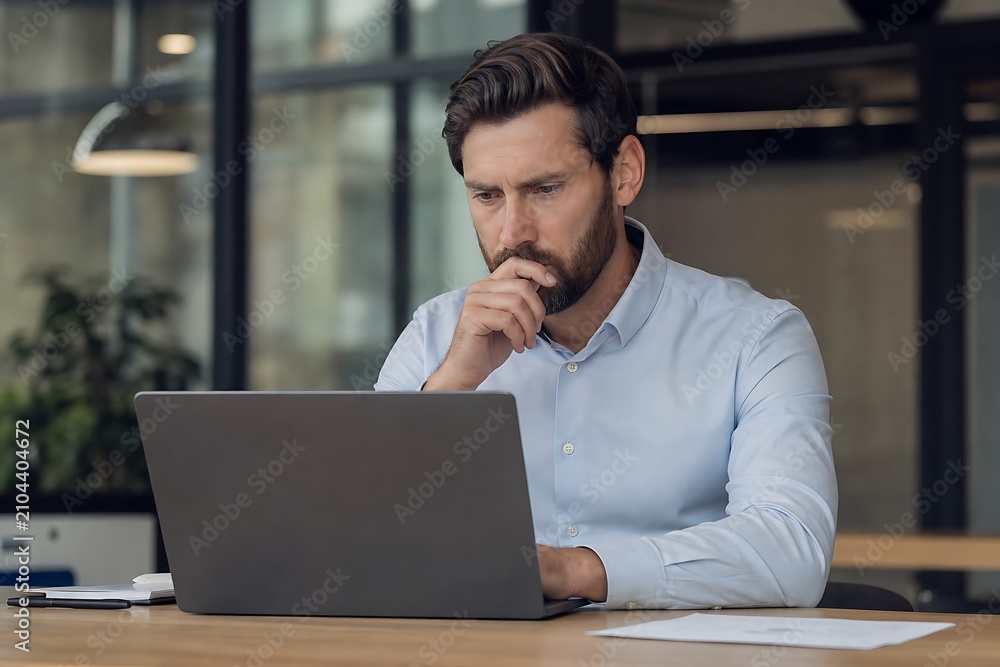 © Karla - Focused businessman working on laptop in modern office while thinking about a project © Karla - Focused businessman working on laptop in modern office while thinking about a project