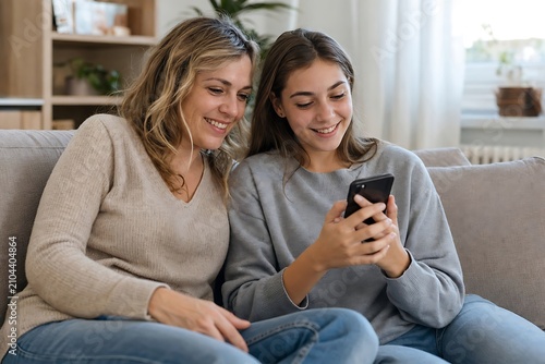 Happy mother and teenage daughter sitting on sofa at home using smartphone together smiling