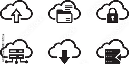 Konstfotografi Six cloud storage icons with different functions in black and white Vector