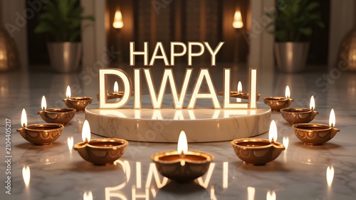 Elegant Premium Happy Diwali Festive Celebration Display Featuring Golden Illuminated Oil Lamps on a Marble Surface