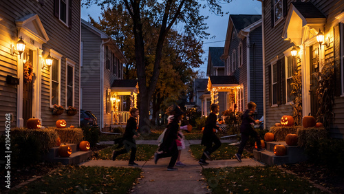 Children in costumes running along a neighborhood sidewalk at dusk with glowing pumpkins for festive Halloween trick or treat family holiday marketing and seasonal community lifestyle design