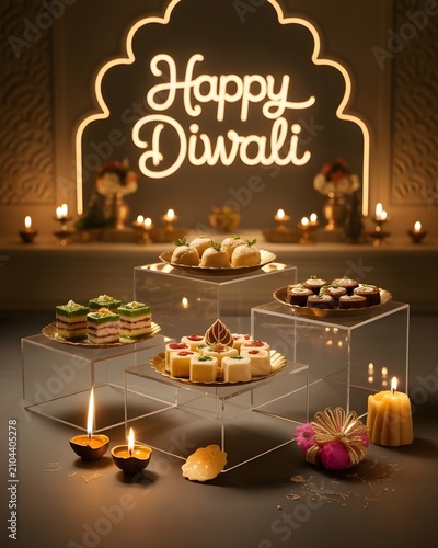 Premium Happy Diwali Sweets Showcase Featuring Traditional Indian Confections on Elegant Transparent Display Stands for Festive Holiday Celebration