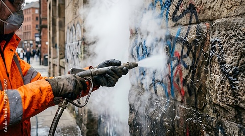 Worker using highpressure steam cleaner to remove graffiti from a stone wall