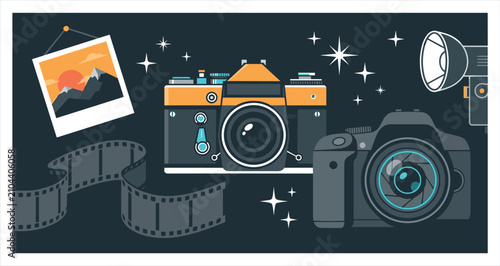 фотографія Retro Film and Modern DSLR Photography Vector Banner Featuring Vintage Rangefind