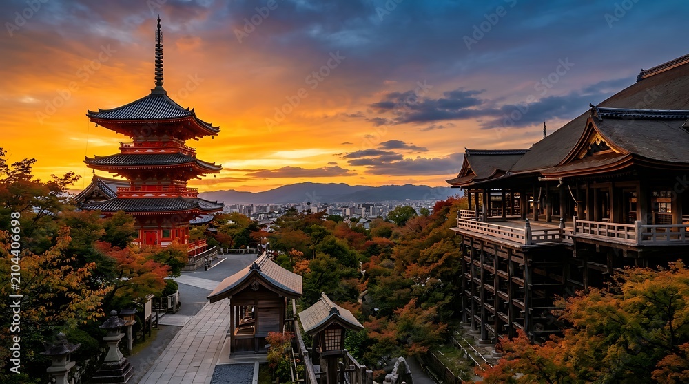 Fototapeta premium Ancient Kiyomizu-dera Temple Pagoda at Sunset in Kyoto Japan