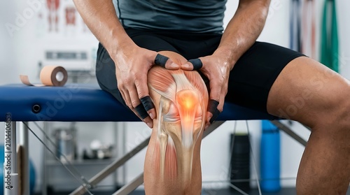 Closeup of a person holding their knee with a digital overlay showing knee pain and joint inflammation