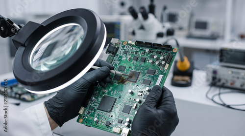 Technician hands in black gloves holding circuit board under magnifier