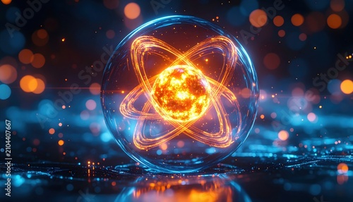 Glowing atomic nucleus with energy orbits representing innovation, nuclear power, fusion energy, futuristic science and concept of limitless energy potential