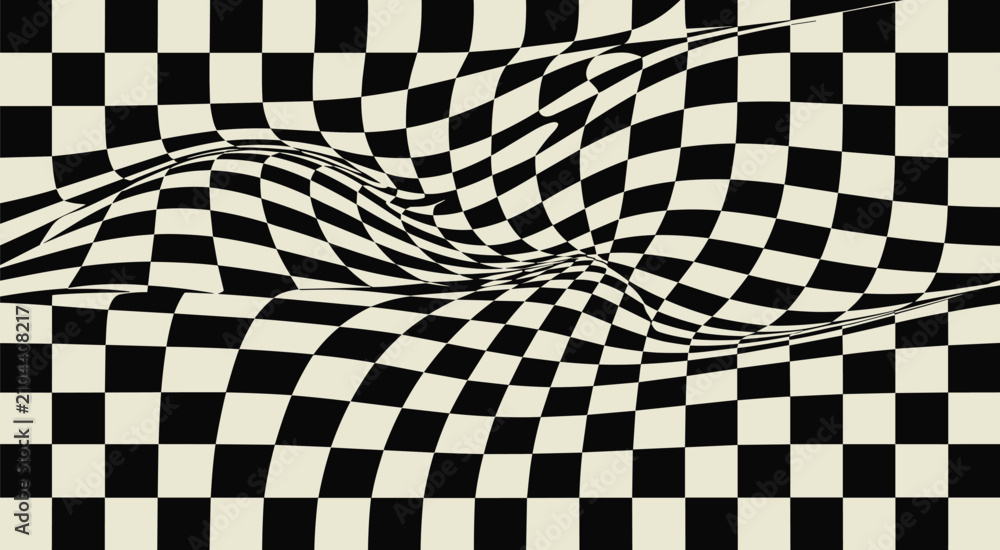 Obraz premium Wavy Checkerboard Abstract Background Vector with Distorted Optical Illusion Grid Texture Pattern Designs